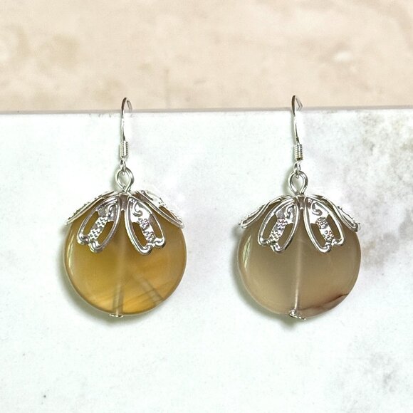 2/$20, Earthy Agate Cute Pumpkin Earrings, Genuine Gemstone Sterling Silver Hook - Picture 1 of 8